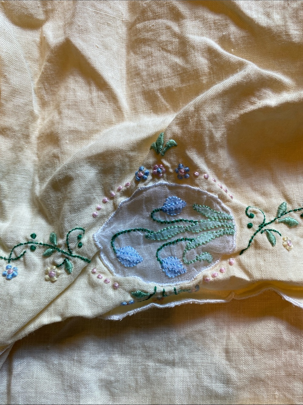 Hand-Embroidered Yellow Linen Panel with Floral Appliqué